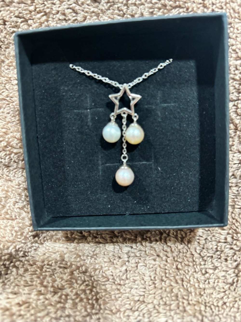 Sterling Silver Star & Pearl Drop Necklace - White cream and peach real Pearls